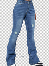 Blue Ripped Holes Flare Jeans, High Stretch Slant Pockets Washed Bell Bottom Jeans, Women's Denim Jeans & Clothing