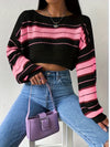 Cozy Striped Boat Neck Pullover Sweater - Soft, Elegant Lantern Sleeve, Drop Shoulder Crop Design, Comfortable Women's Clothing for Casual Wear