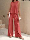 Solid Elegant Two-piece Set, Sleeveless Tank Top & Wide Leg Loose Pants Outfits
