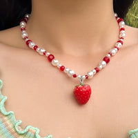 Cute Three-dimensional Strawberry Pendant Beaded Necklace Holiday Summer Party Jewelry Gift For Girls