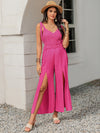 V-Neck Wide Strap Slit Jumpsuit