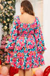 Plus Size Smocked Floral Square Neck Balloon Sleeve Dress