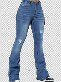 Blue Ripped Holes Flare Jeans, High Stretch Slant Pockets Washed Bell Bottom Jeans, Women's Denim Jeans & Clothing