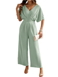 Women's short-sleeved solid color temperament casual wide-leg jumpsuit