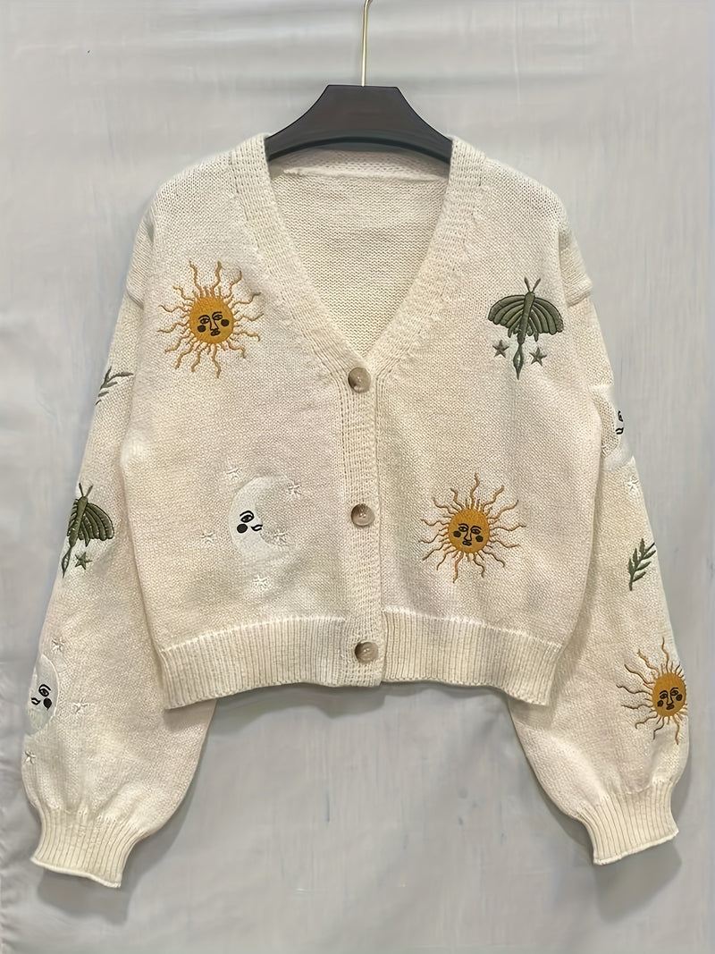 Stylish Sun & Moon Pattern Crop Knitted Cardigan - Chic Button Front, Lantern Sleeve, Cozy, Soft, and Warm for Spring & Fall - Women's Chic Clothing for Everyday Wear