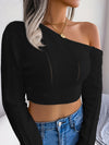 Chic One Shoulder Crop Sweater - Long Sleeve Skew Neck Pointelle Knit Top with Feminine Silhouette - Women's Fashion Clothing for Casual Daily Wear