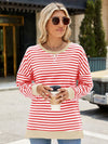 Slit Striped Round Neck Long Sleeve Sweatshirt