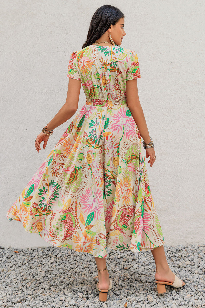 Printed V-Neck Short Sleeve Midi Dress