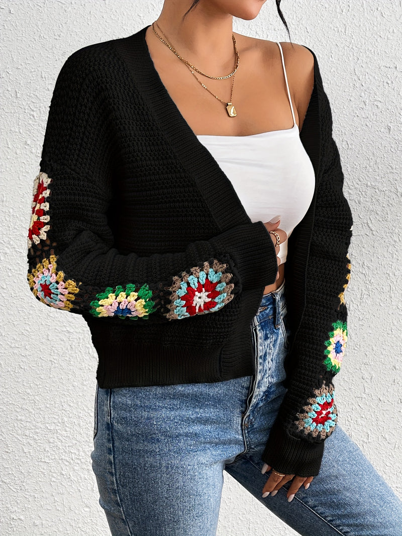 Vibrant Floral Patterned Open Front Knit Cardigan - Elegant Long Sleeve Crop Sweater with Soft Fabric, Relaxed Fit, and Chic Design - Perfect for Women's Everyday Wear, Date Nights, and Special Occasions