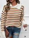 Striped Collared Neck Long Sleeve Sweater