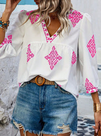 Printed V-Neck Three-Quarter Sleeve Blouse