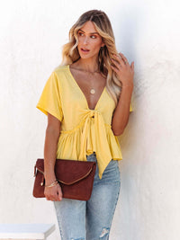 Tied Plunge Short Sleeve Blouse