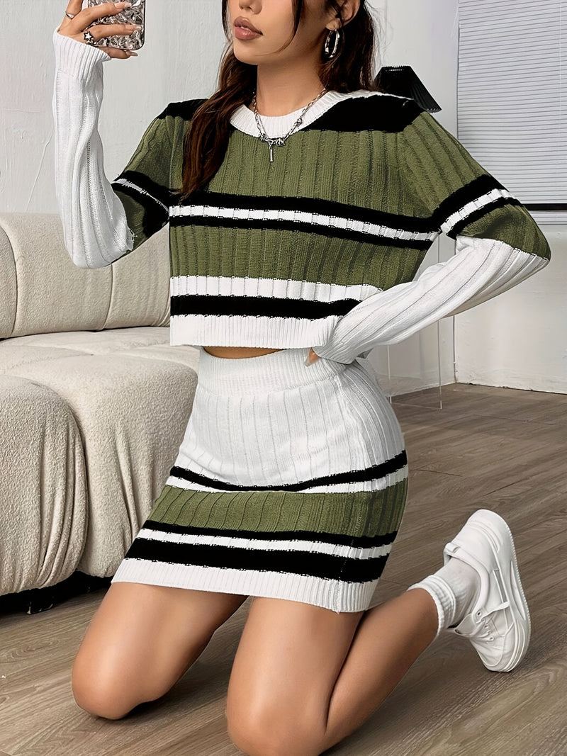 Cozy Chic Skirt Set - Soft Crew Neck Long Sleeve Crop Sweater, High Waist Bodycon Knitted Skirt, Women's Clothing, Autumn Winter Fashion, Comfortable and Versatile Outfit for Daily Life