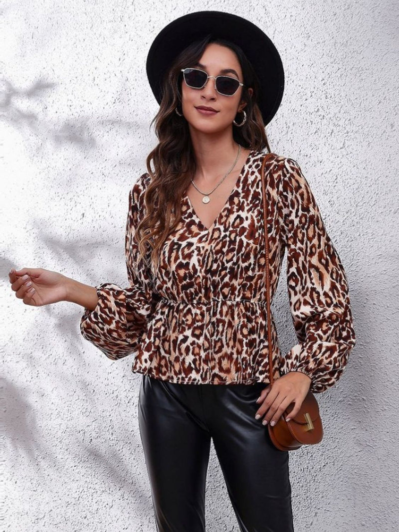 Ruched Printed V-Neck Long Sleeve Blouse