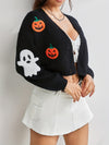 [Halloween] Trendy Halloween Pattern Open Front Knit Cardigan - Soft & Comfortable Long Sleeve Crop Sweater for Women - Perfect Autumn Casual Wear