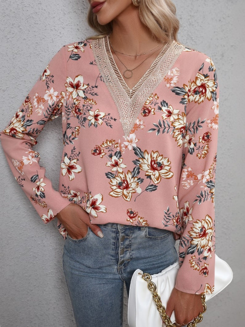 Printed V-Neck Long Sleeve Blouse