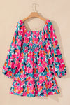 Plus Size Smocked Floral Square Neck Balloon Sleeve Dress