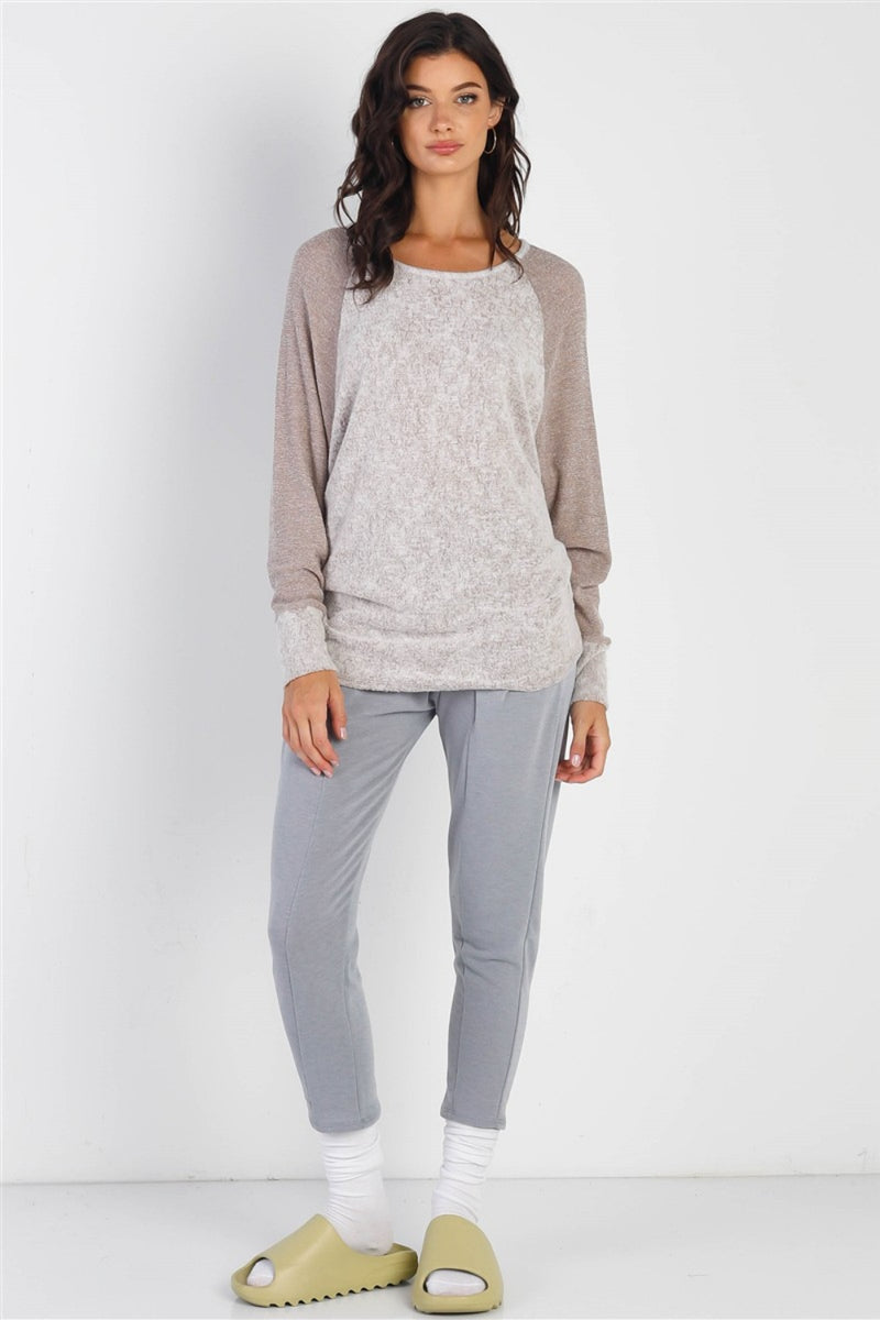 Cherish Apparel Round Neck Long Sleeve Contrast Top