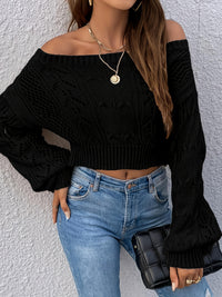 Cozy Pointelle Knit Crop Sweater - Chic Off-Shoulder Design, Relaxed Casual Long Sleeve, Versatile for Spring & Fall, Womens Clothing, Everyday Wear