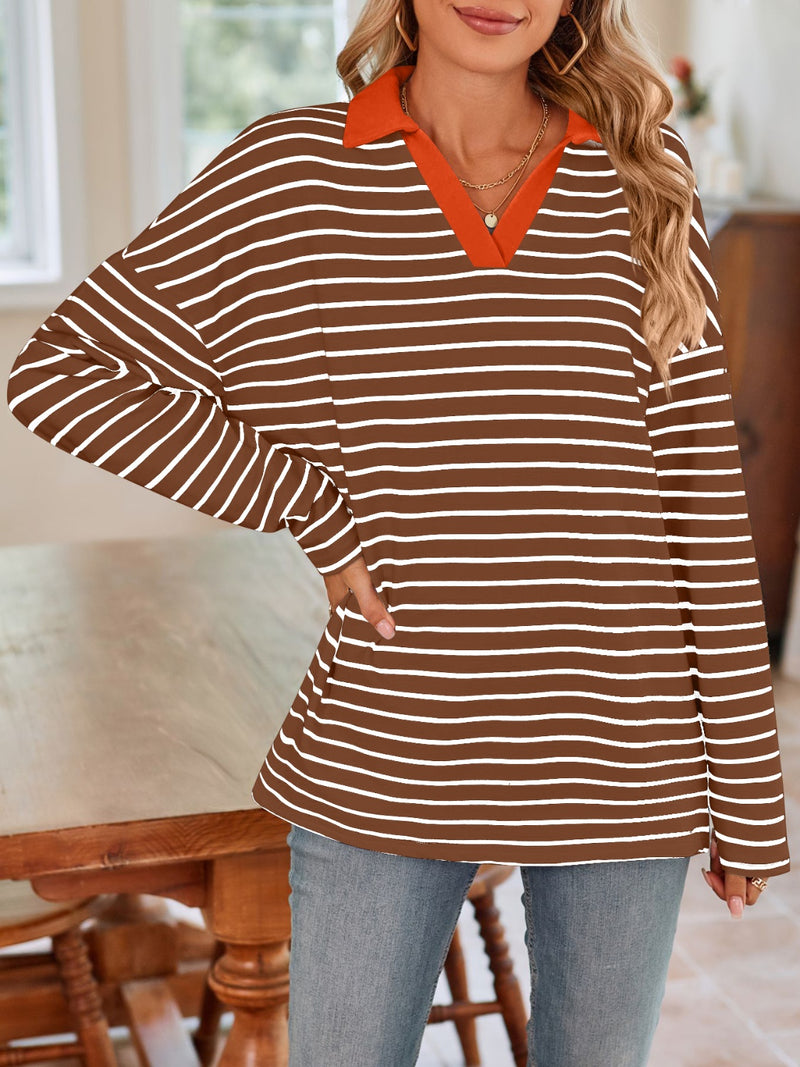 Striped Johnny Collar Long Sleeve T-Shirt