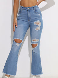 Blue Ripped Holes Flare Jeans, High Stretch Distressed Slant Pockets Bell Bottom Jeans, Women's Denim Jeans & Clothing