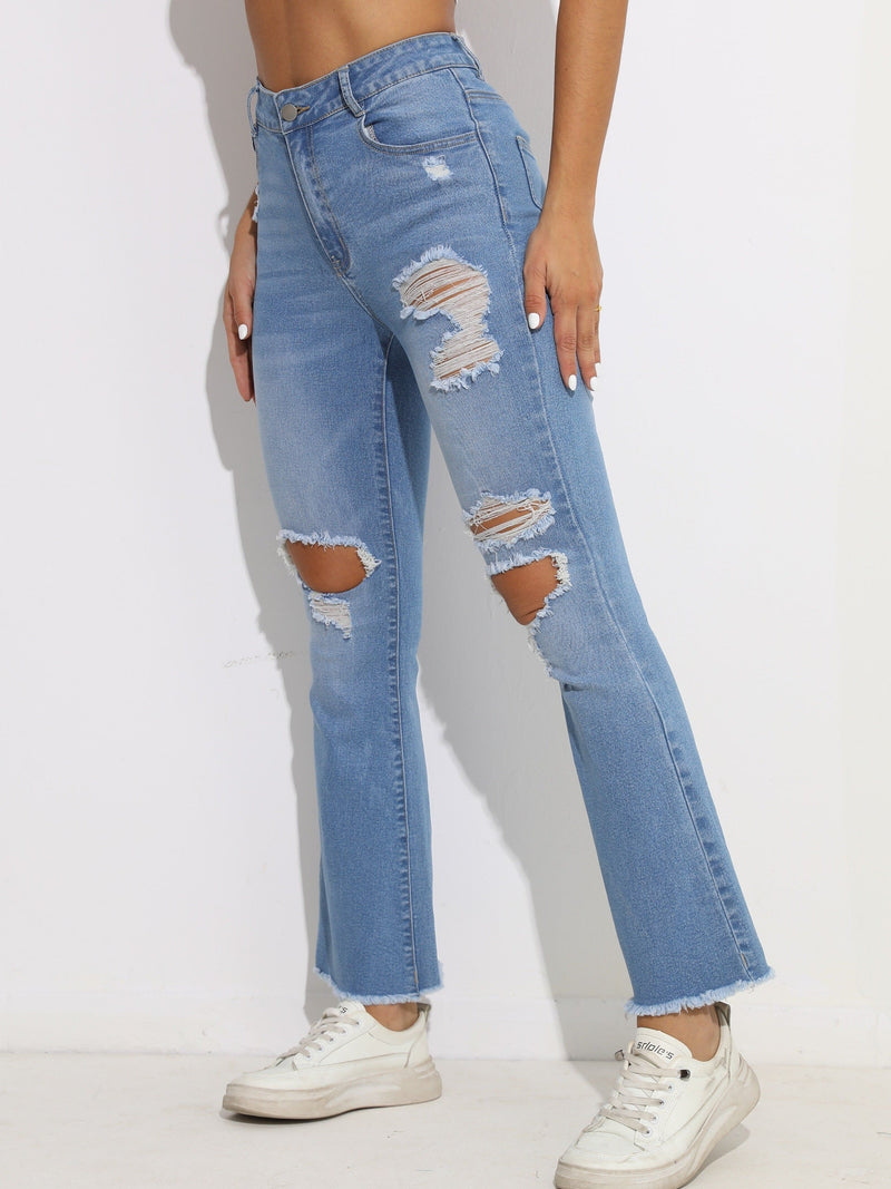 Blue Ripped Holes Flare Jeans, High Stretch Distressed Slant Pockets Bell Bottom Jeans, Women's Denim Jeans & Clothing