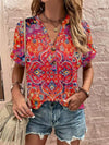 Full Size Printed Notched Short Sleeve Blouse