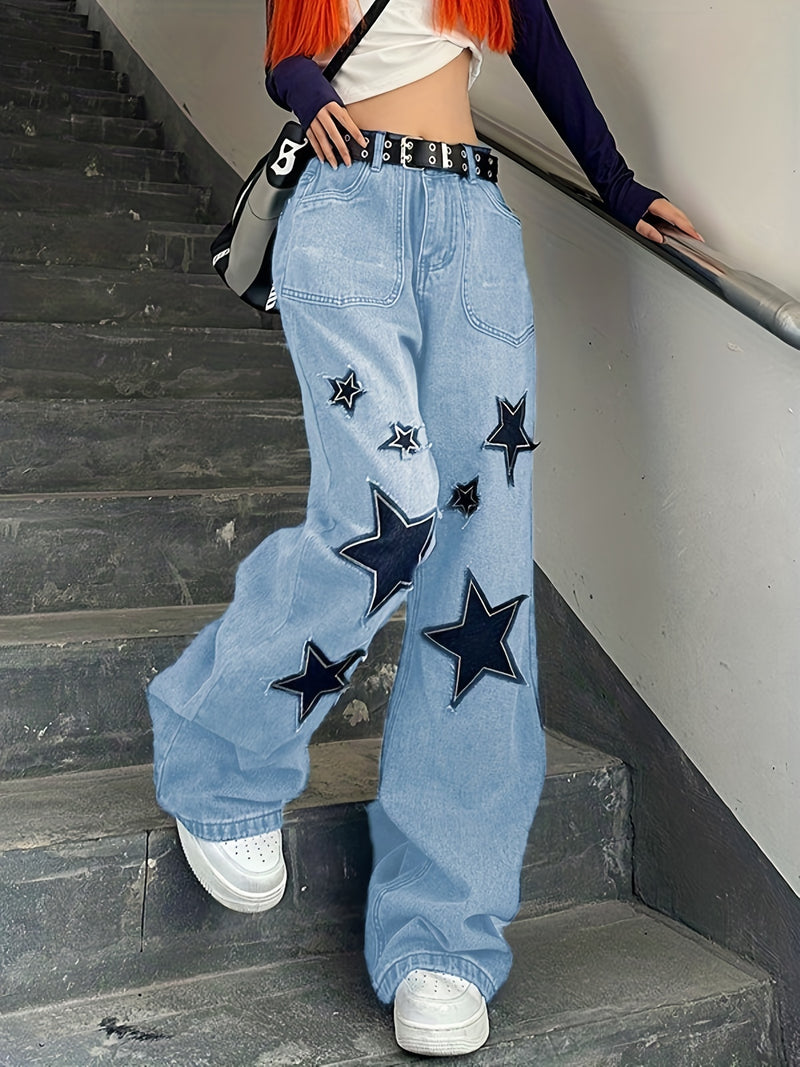 Star Patch Baggy Loose Boyfriend Jeans, Dark Wash Zipper Button Closure Slash Pocket Wide Leg Denim Pants, Street Y2k Style, Women's Denim Jeans & Clothing