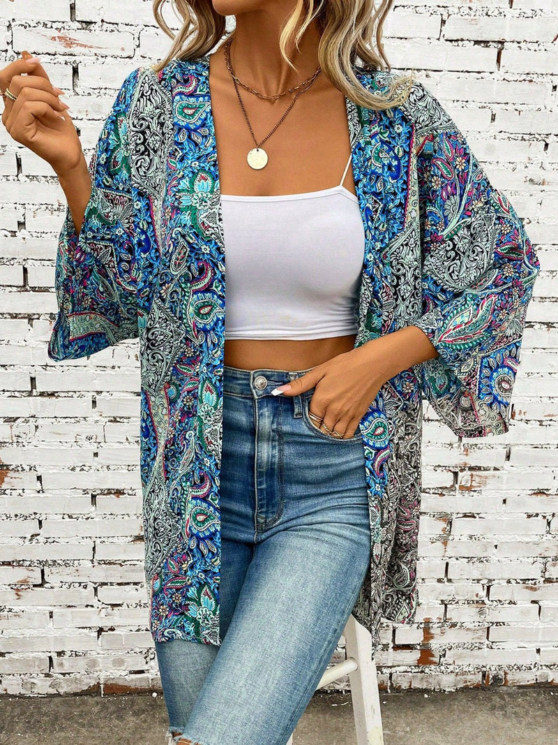 Printed Open Front Three-Quarter Sleeve Cover Up