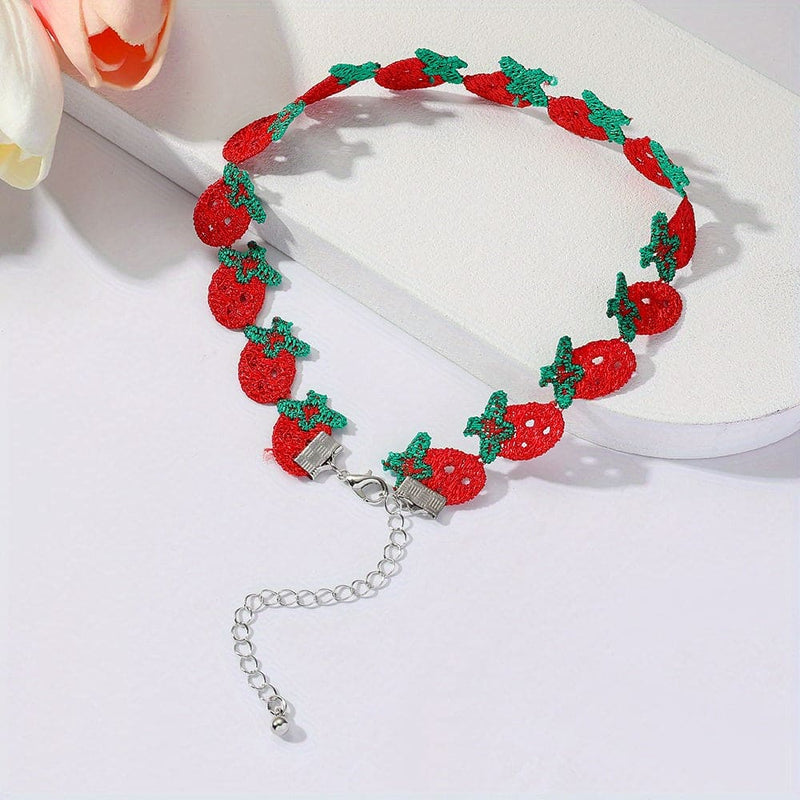 Cute Embroidery Strawberry Design Choker Elegant Simple Style Adorable Female Gift Daily Casual