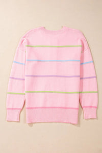 Contrast Striped Half Button Round Neck Sweater