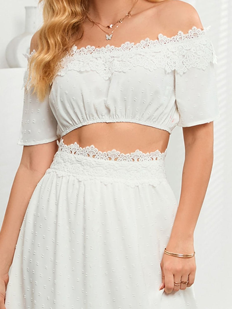 Lace Detail Off Shoulder Top and Slit Skirt Set