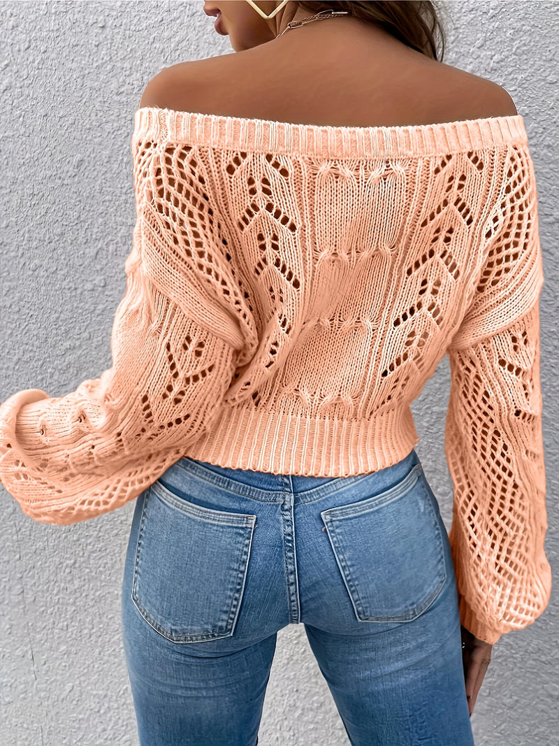 Cozy Pointelle Knit Crop Sweater - Chic Off-Shoulder Design, Relaxed Casual Long Sleeve, Versatile for Spring & Fall, Womens Clothing, Everyday Wear