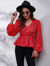 Ruched Printed V-Neck Long Sleeve Blouse