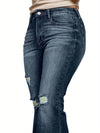 Stylish Plus Size Flared Leg Jeans - High Rise, High Stretch, Washed Ripped Raw Trim, Button Fly, Comfortable Casual Wear for Curvy Women - Plus Size Jeans