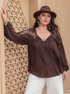 Plus Size Lace Detail Tie Neck Long Sleeve Blouse