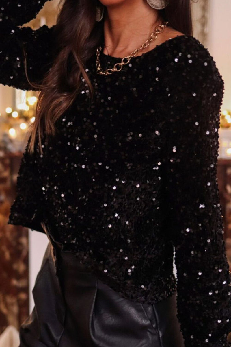 Sequin Round Neck Long Sleeve Blouse