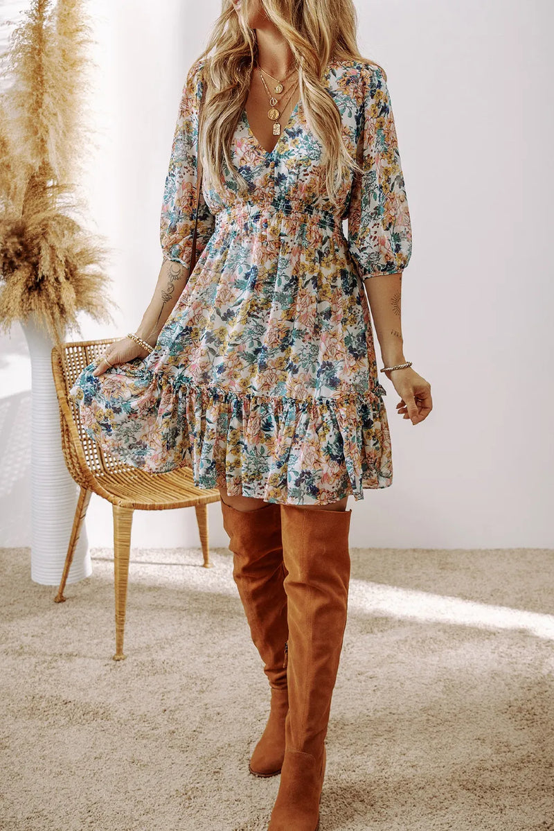 Printed V-Neck Half Sleeve Dress