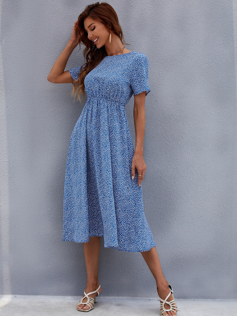 Printed Round Neck Short Sleeve Midi Dress