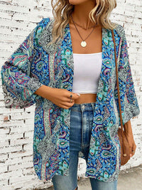 Printed Open Front Three-Quarter Sleeve Cover Up