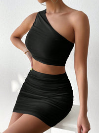 Ruched Single Shoulder Top and Skirt Set