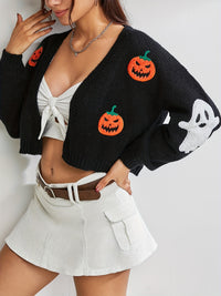 [Halloween] Trendy Halloween Pattern Open Front Knit Cardigan - Soft & Comfortable Long Sleeve Crop Sweater for Women - Perfect Autumn Casual Wear