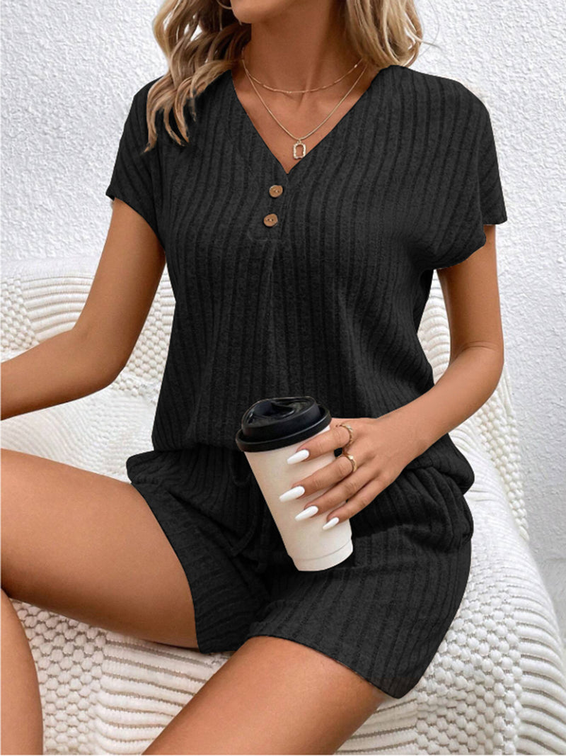 Ribbed V-Neck Top and Shorts Set