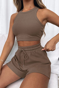 Round Neck Top and Drawstring Shorts Set