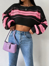 Cozy Striped Boat Neck Pullover Sweater - Soft, Elegant Lantern Sleeve, Drop Shoulder Crop Design, Comfortable Women's Clothing for Casual Wear