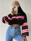 Cozy Striped Boat Neck Pullover Sweater - Soft, Elegant Lantern Sleeve, Drop Shoulder Crop Design, Comfortable Women's Clothing for Casual Wear