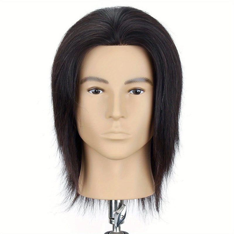 100% Human Hair Mannequin Head Men's 8" Hairdresser Practice Beauty Styling Training Mannequin Head With Clamp Stand (Natural Black)