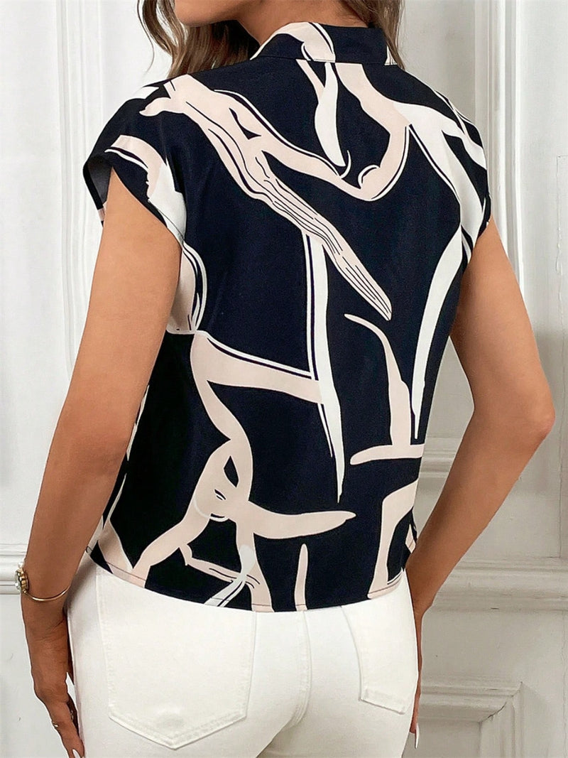 Printed Tie Neck Cap Sleeve Blouse