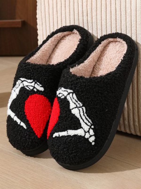 Halloween Love Skeleton Hand Pattern Home Plush Warm Slippers