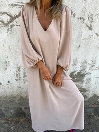 Casual loose V-neck solid color women's lantern sleeve dress